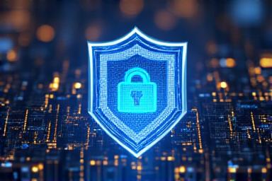 Abstract visualization of interconnected digital locks and shield icons representing IP protection.